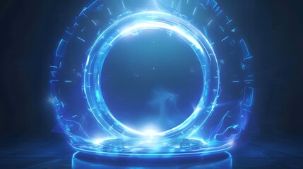 Obraz premium Blue hologram portal. Magic fantasy portal. Magic circle teleport podium with hologram effect. Abstract high tech futuristic technology design. Round shape. Circle Sci-fi element light and lights.