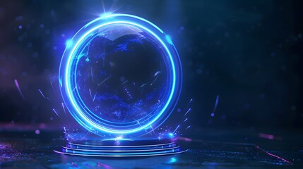 Blue hologram portal. Magic fantasy portal. Magic circle teleport podium with hologram effect. Abstract high tech futuristic technology design. Round shape. Circle Sci-fi element light and lights.