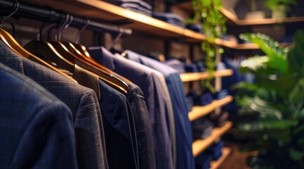 Un intérieur d'une boutique pour homme moderne avec des étagères en bois présentant des costumes, vestes et chemises.