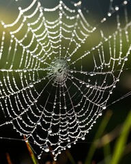 The image shows a spider web with morning dew on it. The web is glistening in the sunlight.