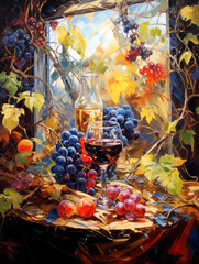 Oil painting of glass of red wine glass, bottle, grapes and cheese, sunshine background. Atmospheric Italy vineyard on sunset vineyard background. Art for poster, wine shop, brochure	