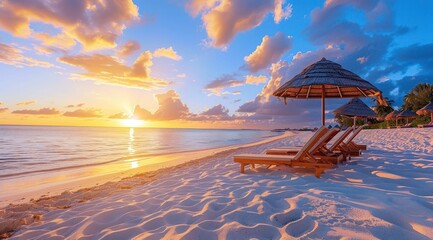 Une plage de sable doré, des chaises longues avec parasol sur le rivage d'une île exotique au coucher du soleil.