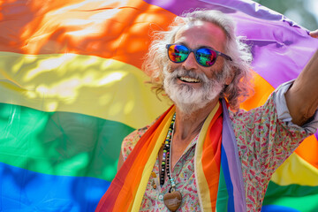 photo of Pride: a happy senior gay man proudly waving a rainbow flag during a Gay Pride event in June, embodying the spirit of love and LGBTQ pride,