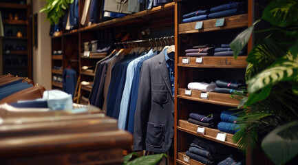 Obraz premium Un intérieur d'une boutique pour homme moderne avec des étagères en bois présentant des costumes, vestes et chemises.