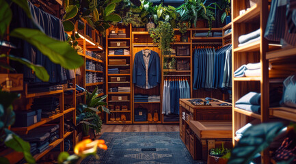 Un intérieur d'une boutique pour homme moderne avec des étagères en bois présentant des costumes, vestes et chemises.