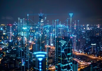 Obraz premium Smart city utilizes 5G, LPWA for wireless communication, enhancing connectivity and efficiency.