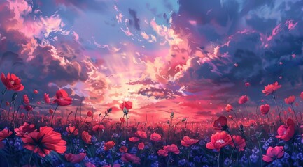 Un champ de fleurs avec un magnifique coucher de soleil fantaisiste et colorée dans un ciel nuageux, avec des couleurs roses et rouges.