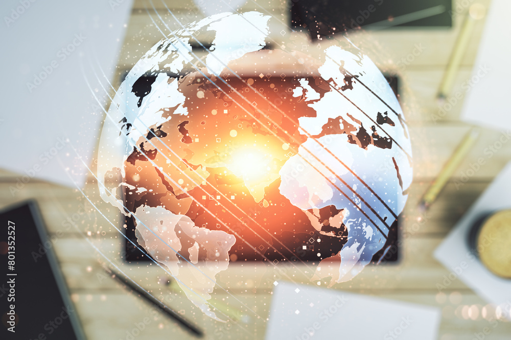 Leinwandbilder multi exposure of abstract graphic world map and modern digital tablet on desktop on background, top