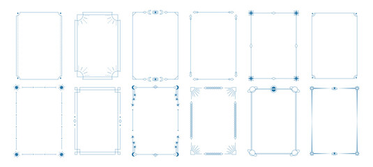 Astrological set of different vintage boho thin frames. Spiritual occult objects, fashionable modern style. Separate elements for templates, prints, engravings, laser cards, tarro cards