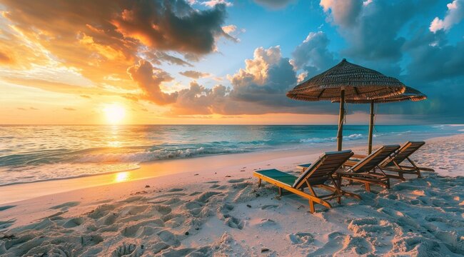 Une plage de sable dor&eacute;, des chaises longues et des parasols sur le rivage d'une &icirc;le exotique au coucher du soleil.