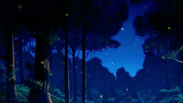 A forest at night, with fireflies lighting up the darkness and owls hooting in the distance, Lofi animation