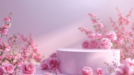 Pink roses and cherry blossoms with a pink background and a pink podium.