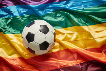 Naklejka premium Soccer football ball on an LGBTQ gay pride rainbow flag