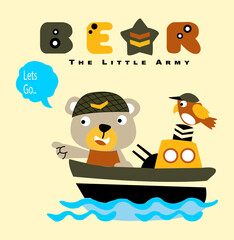 A cartoon bear is on a boat with a bird on it