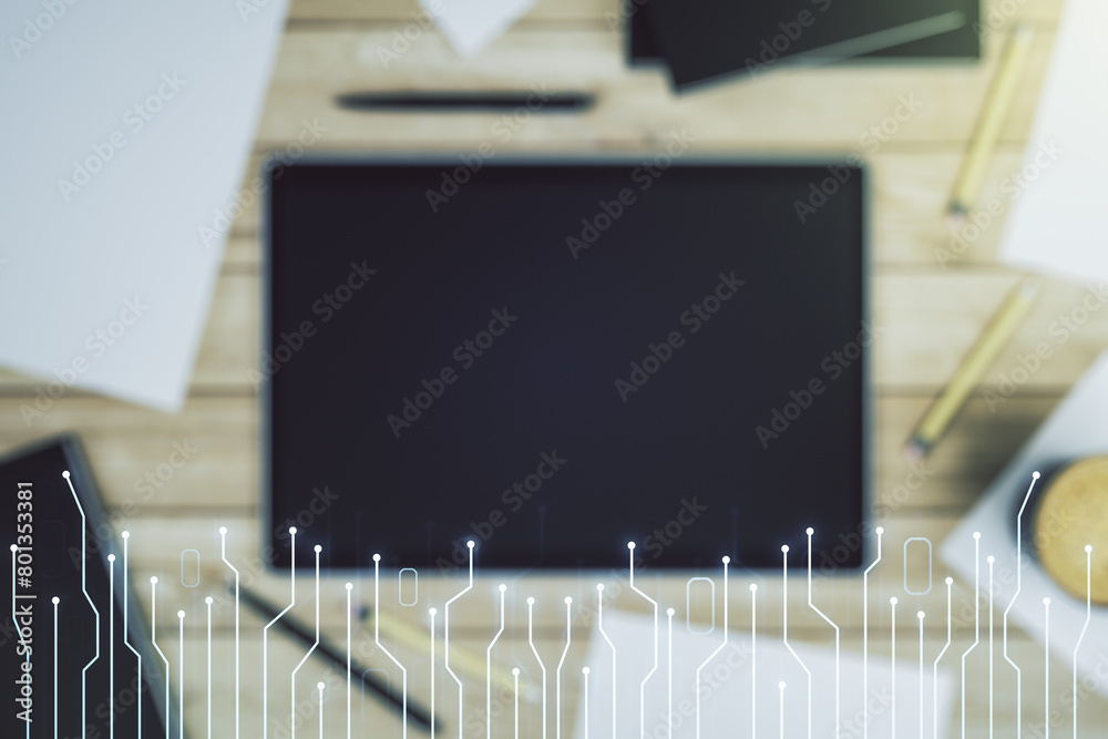 Aufkleber creative concept of microscheme illustration and modern digital tablet on background, top view. big 