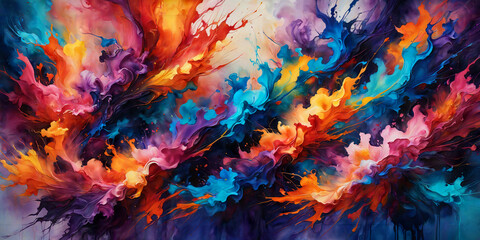 Multicolor explosion background of fluid paint jets. Artistic illustration of realistic paint flowing in the air.