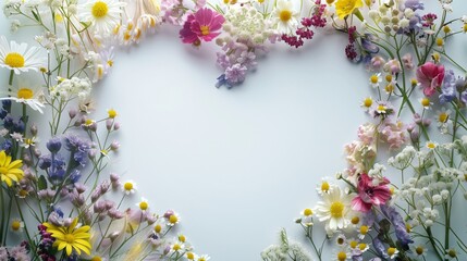 A beautiful floral arrangement forming a heart shape with a clear blue background and copy space. - Powered by Adobe