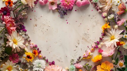 Colorful variety of beautiful flowers framing a textured beige background with ample copy space.