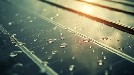 solar panel covered in morning dew, sparkling like diamonds under the soft light of dawn.