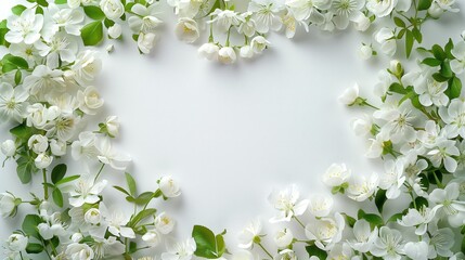 Fototapeta premium Elegant white spring flowers and green leaves arranged as a border with a central copy space.
