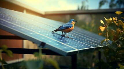 solar panel with a bird resting on its frame, adding a touch of nature to the technological landscape.