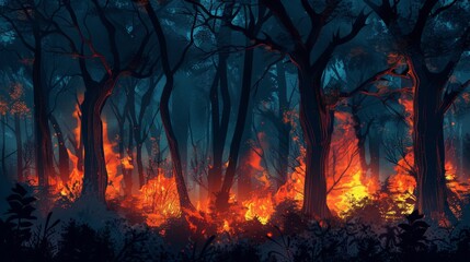Wild forest in flames under night sky. Devastating fire concept