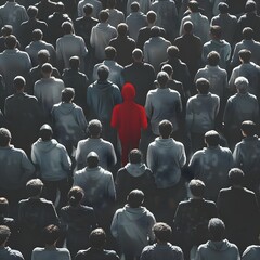 Courageous Individuality Amidst Conformity A Striking Red Silhouette Among a Sea of Gray Figures