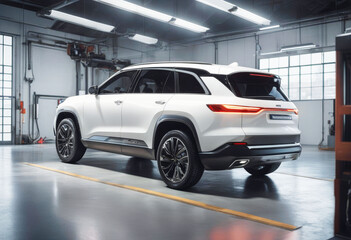 'electric white suv 3d powered garage recharging image rendering automotive rechargeable ecology vehicle automobile energy battery station car auto innovation technology smart charging power'