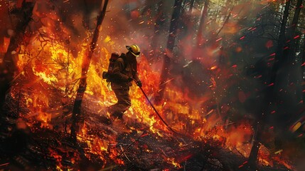 Firefighter battling a forest inferno with a hose. Extreme heat and bravery