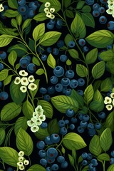 Seamless green backdrop with blueberry clusters and foliage, flat graphic for organicinspired wallpaper ,  flat graphic drawing