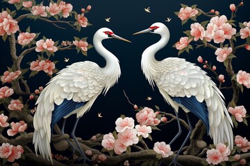 Fototapeta premium Seamless design of cranes amidst cherry blossoms against a navy sky for elegant wallpaper and luxury wrapping paper , vector and illustration