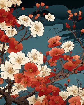 Richly colored oriental blooms and gold clouds, ideal for seasonal greeting cards with a touch of elegance ,  simple lines drawing