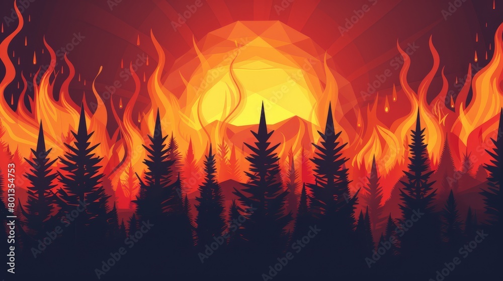 Aufkleber scorched trees and fiery sky in a forest fire. environmental danger