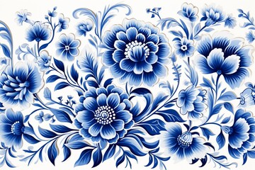 Vector illustration of dense blue flower motifs, reminiscent of historical pottery, for artisanal wallpaper and decor ,  high resolution