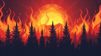 Scorched trees and fiery sky in a forest fire. Environmental danger
