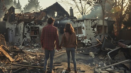 Couple facing a house engulfed in flames. Home fire devastation