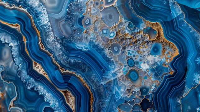 Close-up of vibrant blue and gold mineral patterns in agate stone with intricate details and textures.