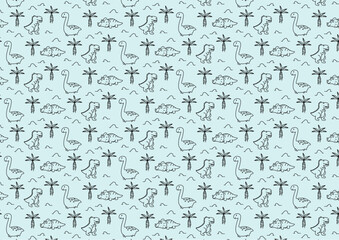 A blue background with dinosaurs and palm trees