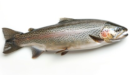 Fototapeta premium Close-up of a rainbow trout isolated on a white background, showing detailed skin texture.