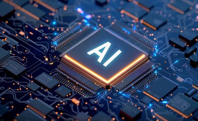 Fototapeta premium Digital chip with AI text glowing on top circuit board