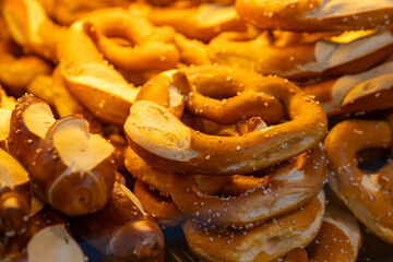salted fresh pretzels in a bakery