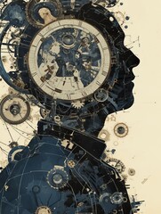 A clockwork man stands in a field of gears.