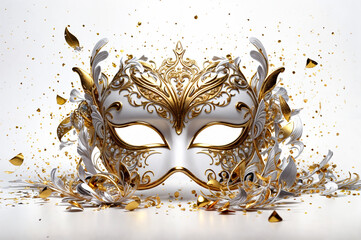 White and golden Venetian mask with floral design on white background. The mask surrounded by golden confetti.