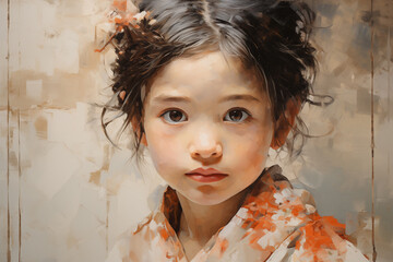 Painted portrait of Japanese girl in traditional kimono.