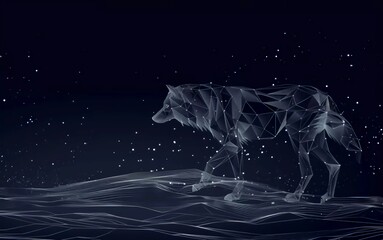 Abstract night wolf digital landscape. Digital low poly wireframe vector illustration with very beautiful 3D effect