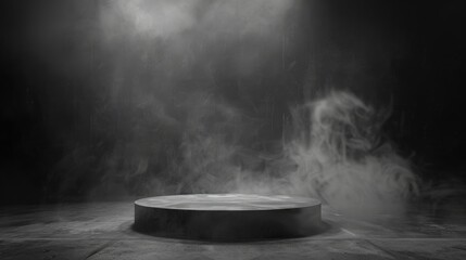 A spotlight shines down on a dark, smoky stage.