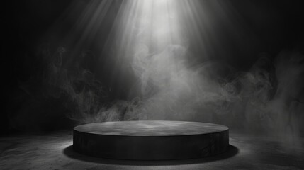 A spotlight shines down on a dark, smoky stage.