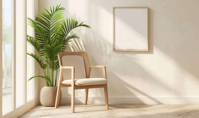 Modern living space with a waiting comfy armchair with beige cushion sits near a palm tree in wicker pot and blank white poster picture on a pastel ivory wall. Scandinavian Vacant living room