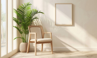 Fototapeta premium Modern living space with a waiting comfy armchair with beige cushion sits near a palm tree in wicker pot and blank white poster picture on a pastel ivory wall. Scandinavian Vacant living room