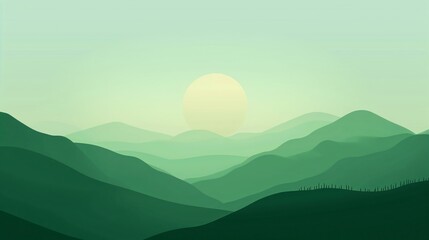 Serene Minimalist Landscape with Rising Sun Over Rolling Hills